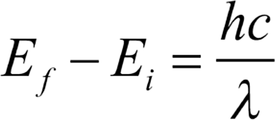 the frequency, ν, or wavelength, λ, of the radiation emitted or absorbed as the atom transitions from one energy level to the next is defined by the equation